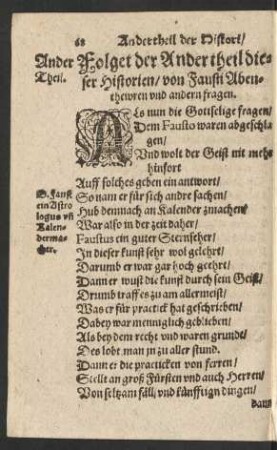 Folget der Ander theil dieser Historien/ von Fausti Abenthewren und andern fragen.