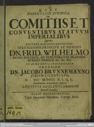 Dissertatio Iuridica De Comitiis Et Conventibus Statuum Imperialibus