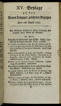 XV. Beylage zu den Neuen Leipziger gelehrten Anzeigen - Zum 1sten August 1797.