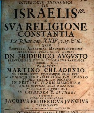 Diss. theol. de Israelis in sua religione constantia : ex Josuae cap. XXIV, v. 15 & 16