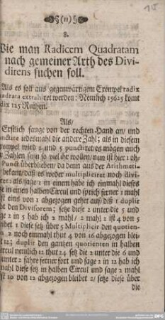 8. Wie man Radicem Quadratam nach gemeiner Arth des Dividirens suchen soll.