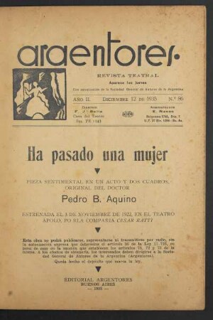 1935008600: Ha pasado una mujer : [pieza sentimental en] un acto [y dos cuadros]