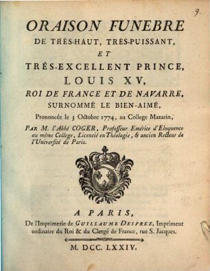 Oraison funebre de Louis XV., Roi de France
