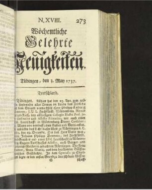 N. XVIII. Tübingen, den 3. May 1737