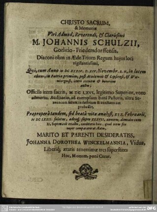 Christo Sacrum & Memoriae Viri Admod. Reverendi, & Clarissimi M. Johannis Schulzii ...