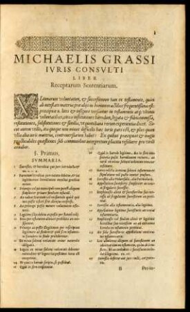 Michaelis Grassi Iuris Consulti Liber Receptarum Sententiarum.