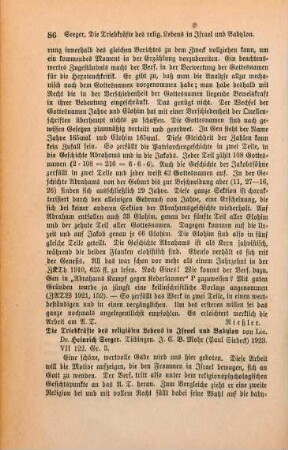 86-87 [Rezension] Seeger, Heinrich, Die Triebkräfte des religiösen Lebens in Israel und Babylon