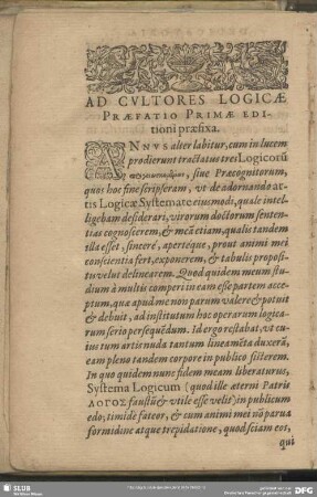 Ad Cultores Logicae Praefatio Primae Editioni praefixa