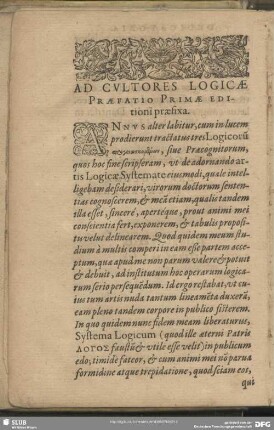 Ad Cultores Logicae Praefatio Primae Editioni praefixa