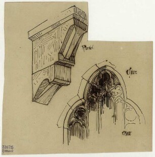 Kirche in Bad-Orb, Konsole vom Portal, Maßwerk des Chorfensters