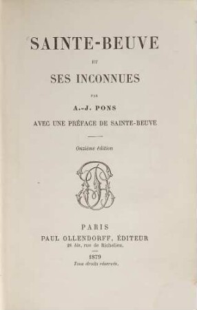 Sainte-Beuve et ses inconnues par A. J. Pons : Avec une préface de Sainte-Beuve