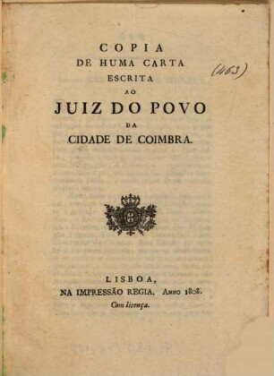 Copia De Huma Carta Escrita Ao Juiz Do Povo Da Cidade De Coimbra