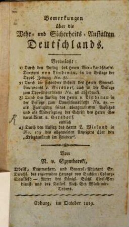 Bemerkungen über die Wehr- und Sicherheits-Anstalten Deutschlands