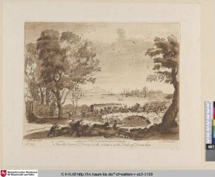 [Landschaft mit Fluss und Kampf auf der Brücke.]