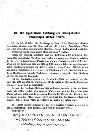 III. Die algebraische Auflösung der metazyklischen Gleichungen fünften Grades.