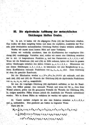 III. Die algebraische Auflösung der metazyklischen Gleichungen fünften Grades.