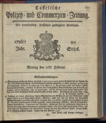 9tes Stueck, Montag den 26ten Februar 1798