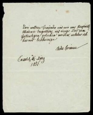 Brief von Ludwig Emil Grimm an Kurfürstliche Akademie Inspection