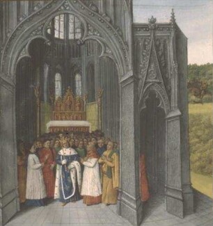 Grandes Chroniques de France — König Chlodevech 2. in der Kirche zu Clichy, Folio 70
