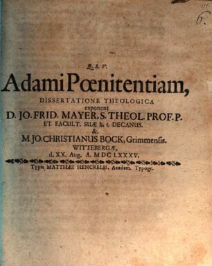 Adami Poenitentiam, Dissertatione Theologica