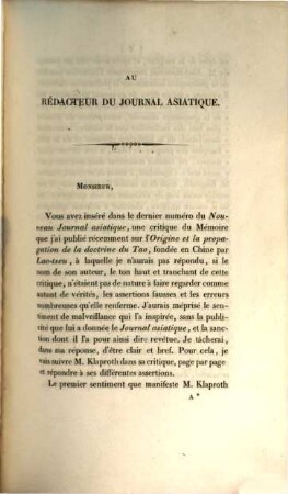 Lettre adressée au Redacteur du Journal Asiatique : rélativement à une critique de son mémoire sur la doctrine du Tao