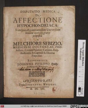 Disputatio Medica De Affectione Hypochondriaca