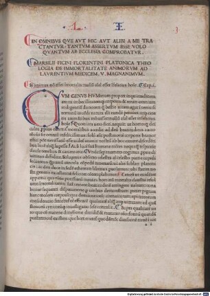 Theologia Platonica de immortalitate animorum : mit Widmungsvorrede des Autors an Lorenzo de'Medici