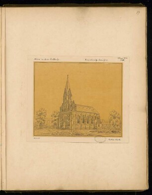 Zweischiffige Dorfkirche in märkischem Backstein für 300 Sitzplätze Monatskonkurrenz Juni 1877: Perspektivische Ansicht (Variante 3)