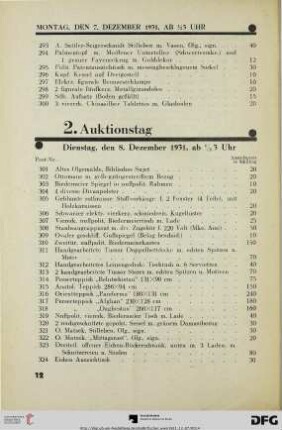 2. Auktionstag: Dienstag, den 8. Dezember 1931, ab ½ 3 Uhr (Nr. 301-600)