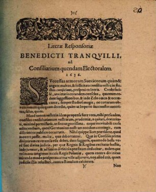 Literae Responsoriae Benedicti Tranquilli, ad Consiliarium quendam Electoralem