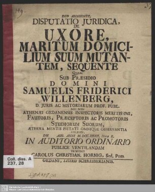 Disputatio Iuridica, De Uxore, Maritum Domicilium Suum Mutantem, Sequente