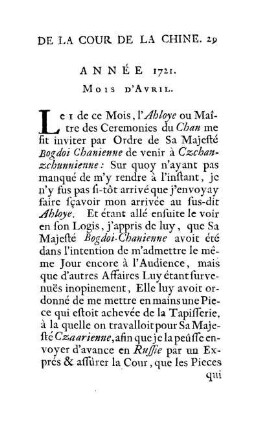 Année 1721. Mois d'Avril
