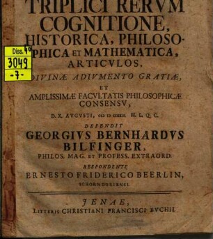 De Triplici Rervm Cognitione, Historica, Philosophica Et Mathematica, Articvlos
