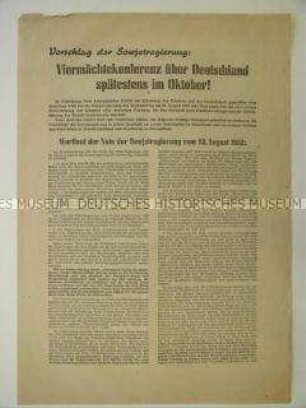 Sonderdruck zum Vorschlag der UdSSR zu einer Viermächtekonferenz im Oktober 1952 über Friedensvertrag, gesamtdeutsche Wahlen und Einheit Deutschlands