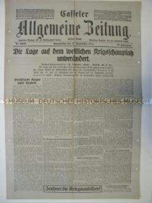 Regionale Tageszeitung "Casseler Allgemeine Zeitung" mit Meldungen und Berichten von verschiedenen Kriegsschauplätzen im Westen