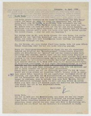 Brief von Raoul Hausmann und Hedwig Hausmann an Vera Hausmann. Limoges. Zusatz Hedwig Hausmann