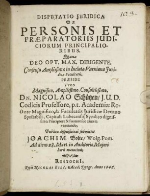 Disputatio Iuridica De Personis Et Praeparatoriis Iudiciorum Principalioribus