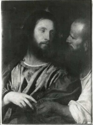 Gemälde "Der Zinsgroschen" (um 1516; T. Vecellio; bezeichnet: "Ticianus f."; Pappelholz; 75 x 56 cm; Staatliche Kunstsammlungen Dresden (SKD))
