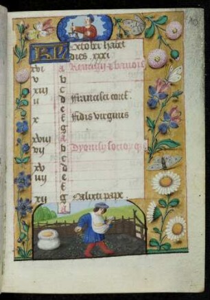 Kalendar: Oktober; Monatsbild: Bauer bei der Aussaat; Tierkreiszeichen Waage; Trompe l'oeil-Rahmen mit Blütenzweigen und Insekten