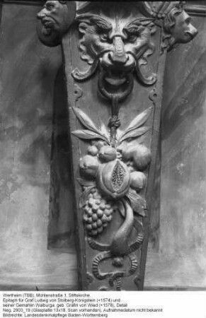 Stiftskirche; Epitaph für Graf Ludwig von Stolberg-Königstein (+1574) und seiner Gemahlin Walburga, geb. Gräfin von Wied (+1578), Detail