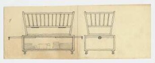 Entwurf Kinderbett mit Unterschrank : Vorder- und Seitenansicht eines Gitterbettes mit Schrankteil, rollbar; Entwurf 1, Variante 2