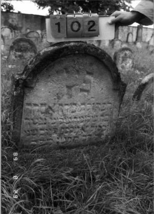 Grabstein 102 (Index: 100107320) Material: heller Sandstein Zustand: stark verwittert und bewachsen, eingesunken Maße HxBxT: 63x65x11 cm Beschreibung: Stele mit eingezogenem Rundbogenabschluß, Schriftfeld eingetieft: Grabstein 102