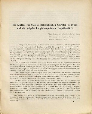 Die Lektüre von Ciceros philosophischen Schriften in Prima und die Aufgabe der philosophischen Propädeutik