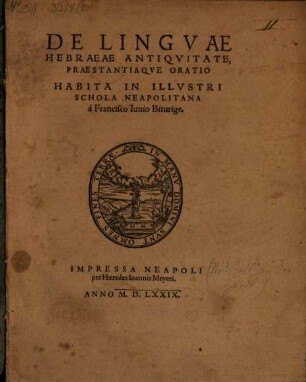 De linguae hebraeae antiquitate praestantiaque oratio