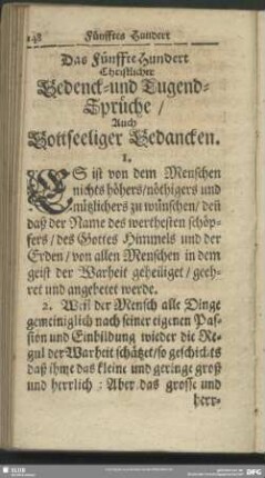 Das Fünffte Hundert Christlicher Bedenck- und Tugend-Sprüche, Auch Gottseeliger Gedancken