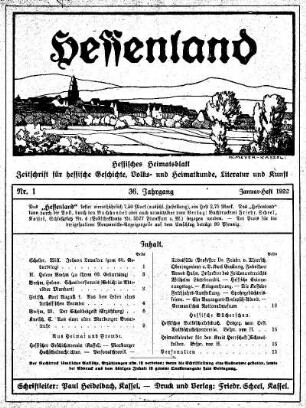 36.1922: Hessenland : hessisches Heimatblatt ; Zeitschrift für hessische Geschichte, Volks- und Heimatkunde, Literatur und Kunst