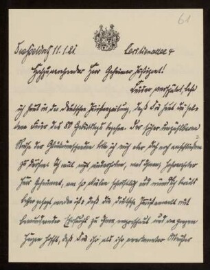 61: Brief von Adolph von Staff an Otto von Gierke, Düsseldorf, 11.1.1921