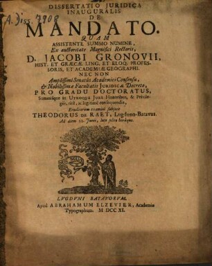 Dissertatio Iuridica Inauguralis De Mandato