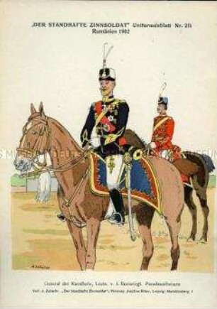 Uniformdarstellung, General der Kavallerie, Leutnant des 4. Rosiori Linien-Kavallerie-Regiments, Königreich Rumänien, 1902.