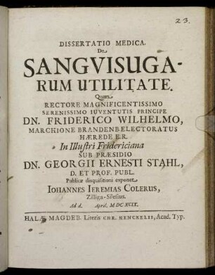 Dissertatio Medica. De Sanguisugarum Utilitate